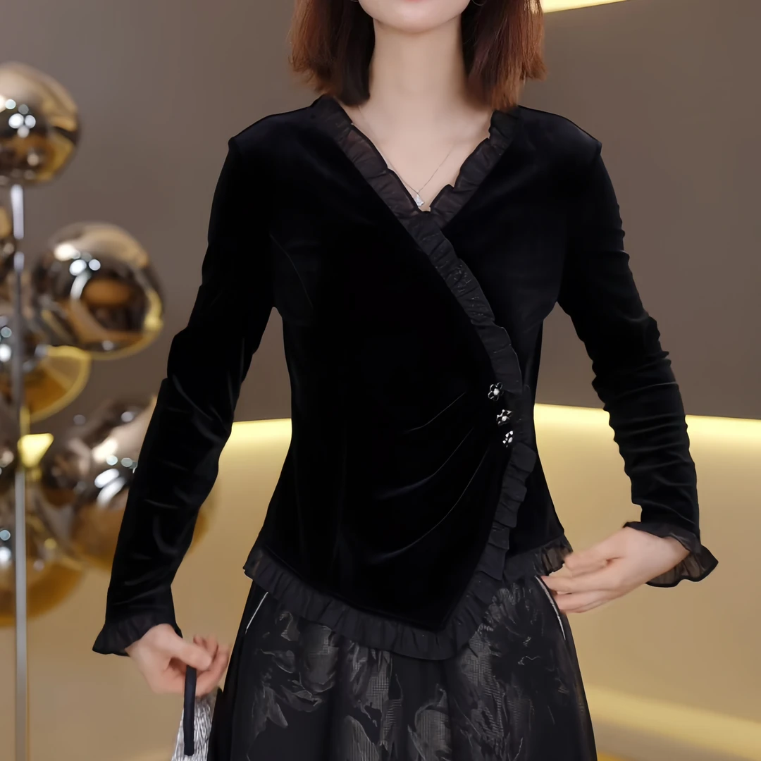 2025秋季洋气丝绒交叉V领花边洋气气质小衫长袖T恤上衣女设计感潮