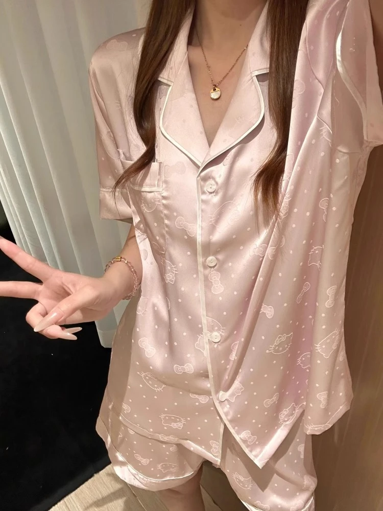 法式甜美HelloKitty提花短袖睡衣女冰丝舒适大码短裤家居服两件套