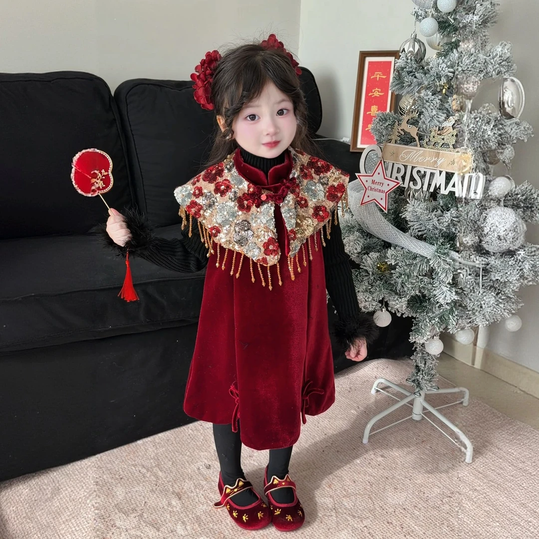 女童新款爆闪!新年款重工定制女童加绒新中式国风丝绒旗袍裙