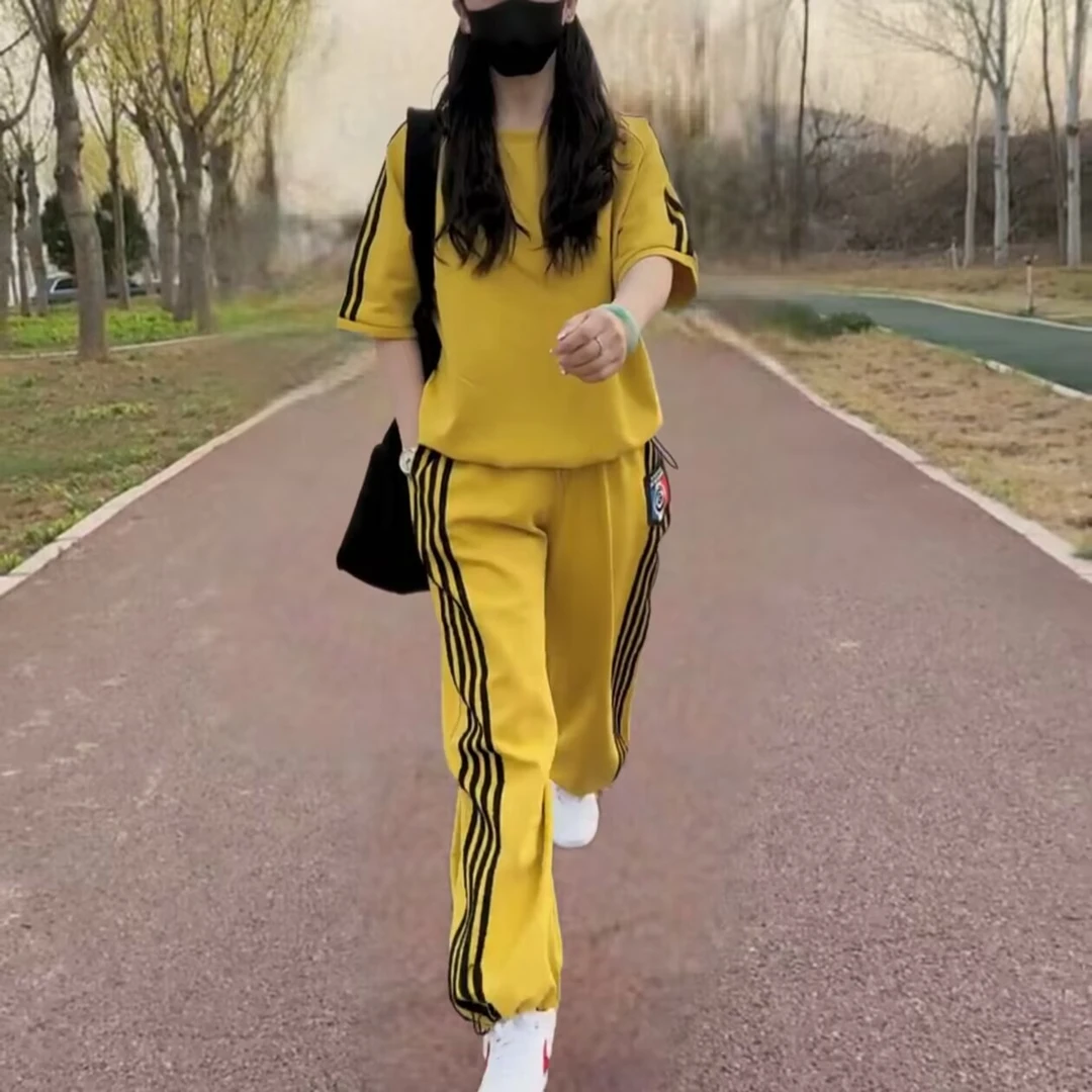 2025夏季新款宽松显瘦大码女装时尚休闲短袖T恤阔腿裤运动套装女
