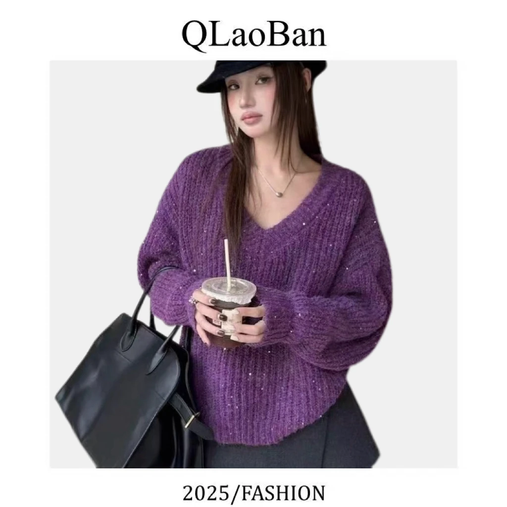 亮片设计宽松V领百搭毛衣  1525