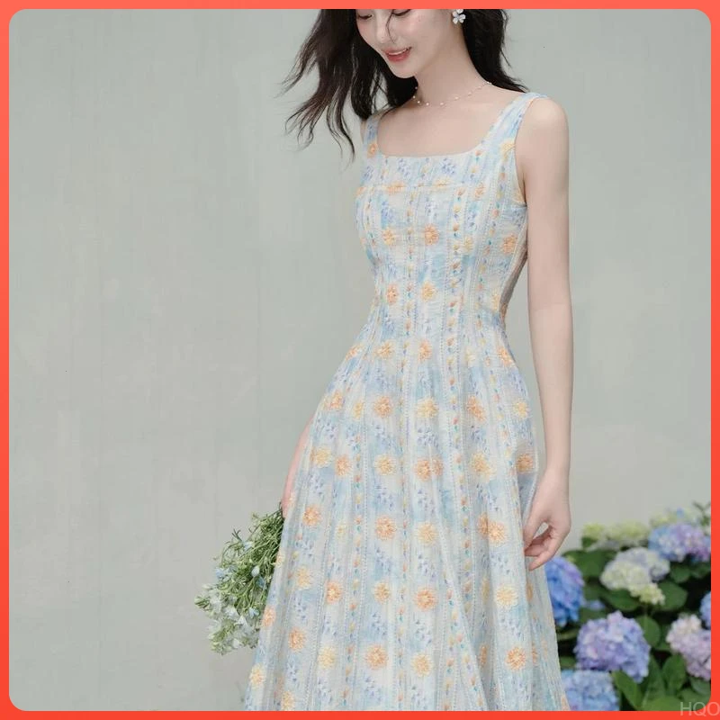 长裙子收腰显瘦夏季新款吊带连衣裙女绝美碎花法式复古气质高级感