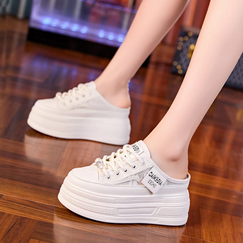 增高9cm包头半拖鞋女外穿2025新款透气凉拖鞋小个子厚底增高女鞋