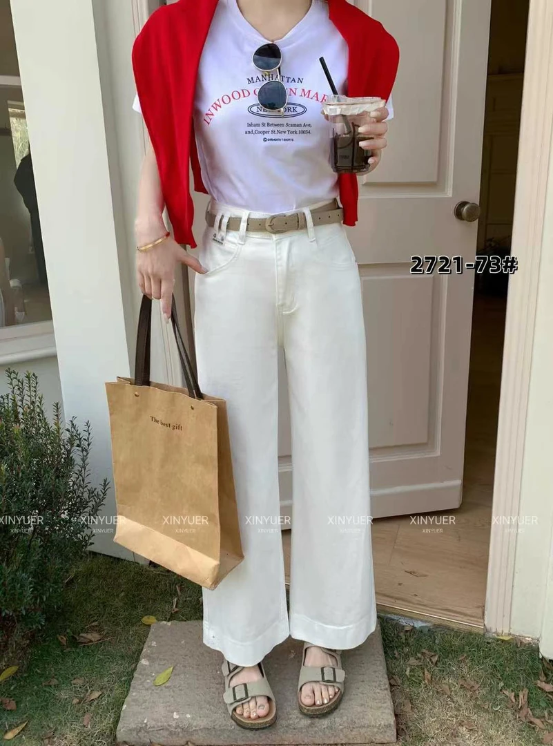 新款2721白色窄版阔腿牛仔裤 女显瘦直筒时尚百搭