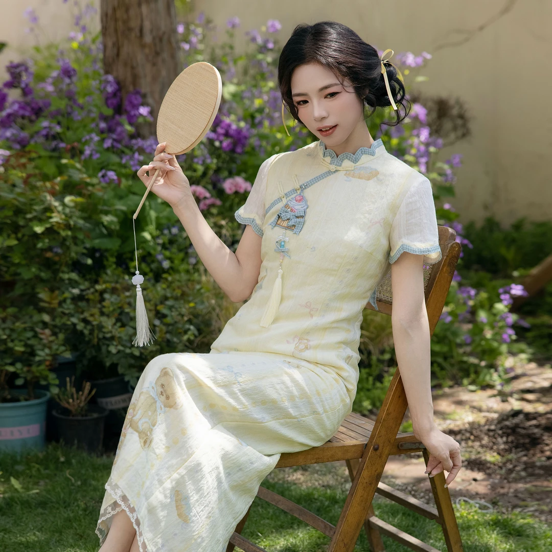 造镜集【海盐可颂】短旗袍高开衩新中式旗袍小清新优雅中长夏季