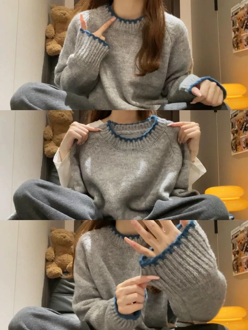 高级感灰色圆领套头针织毛衣女秋冬韩系复古简约通勤休闲长袖上衣