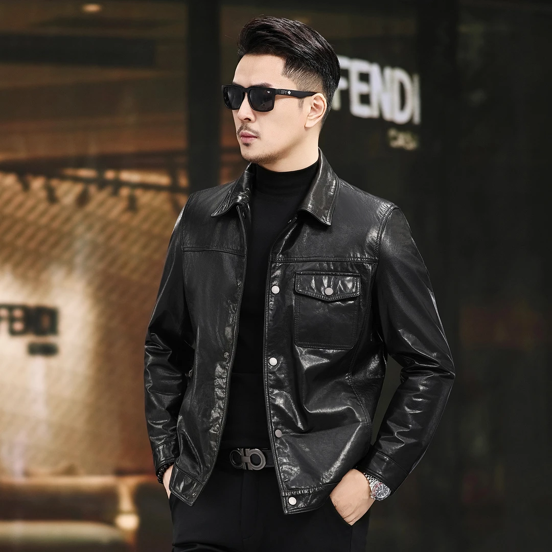 高档头层牛皮皮衣外套男士修身短款翻领机车服秋冬真皮男款夹克