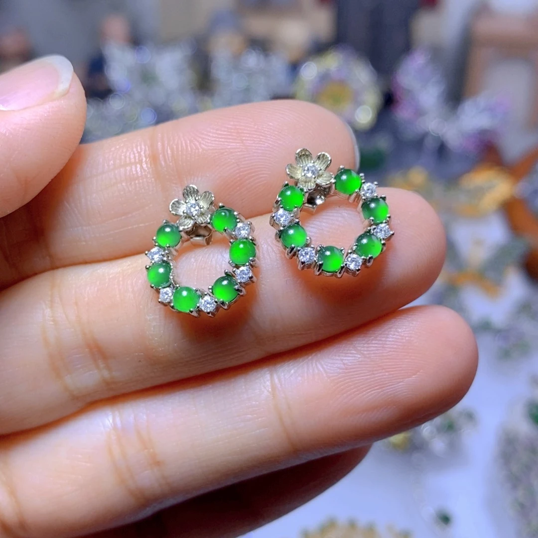 翡翠耳钉银S925镶嵌天然翡翠