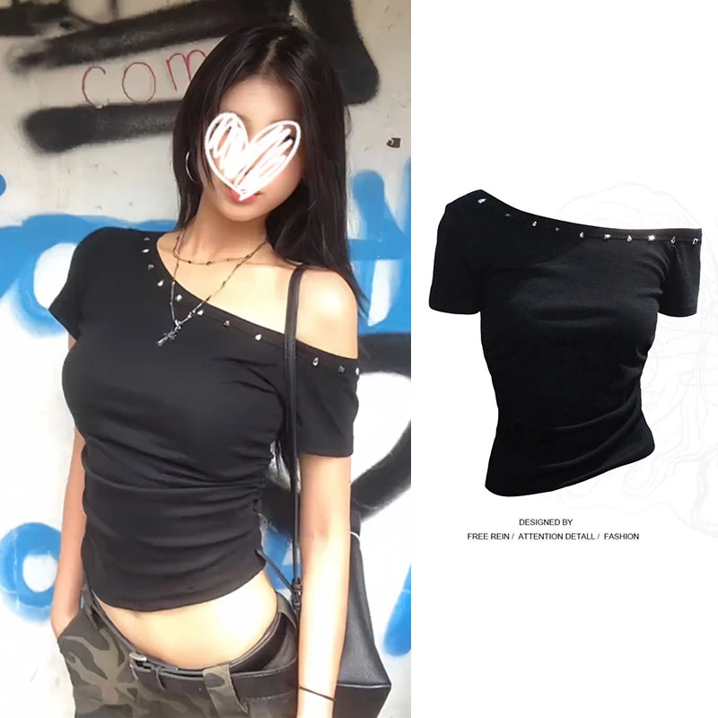 美式复古辣妹斜领短袖恤女夏季新款修身设计感不规则露肩上衣
