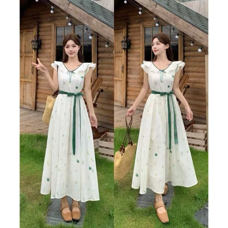 大码法式小飞袖荷叶边碎花连衣裙女夏季2025新款气质收腰洋气长裙