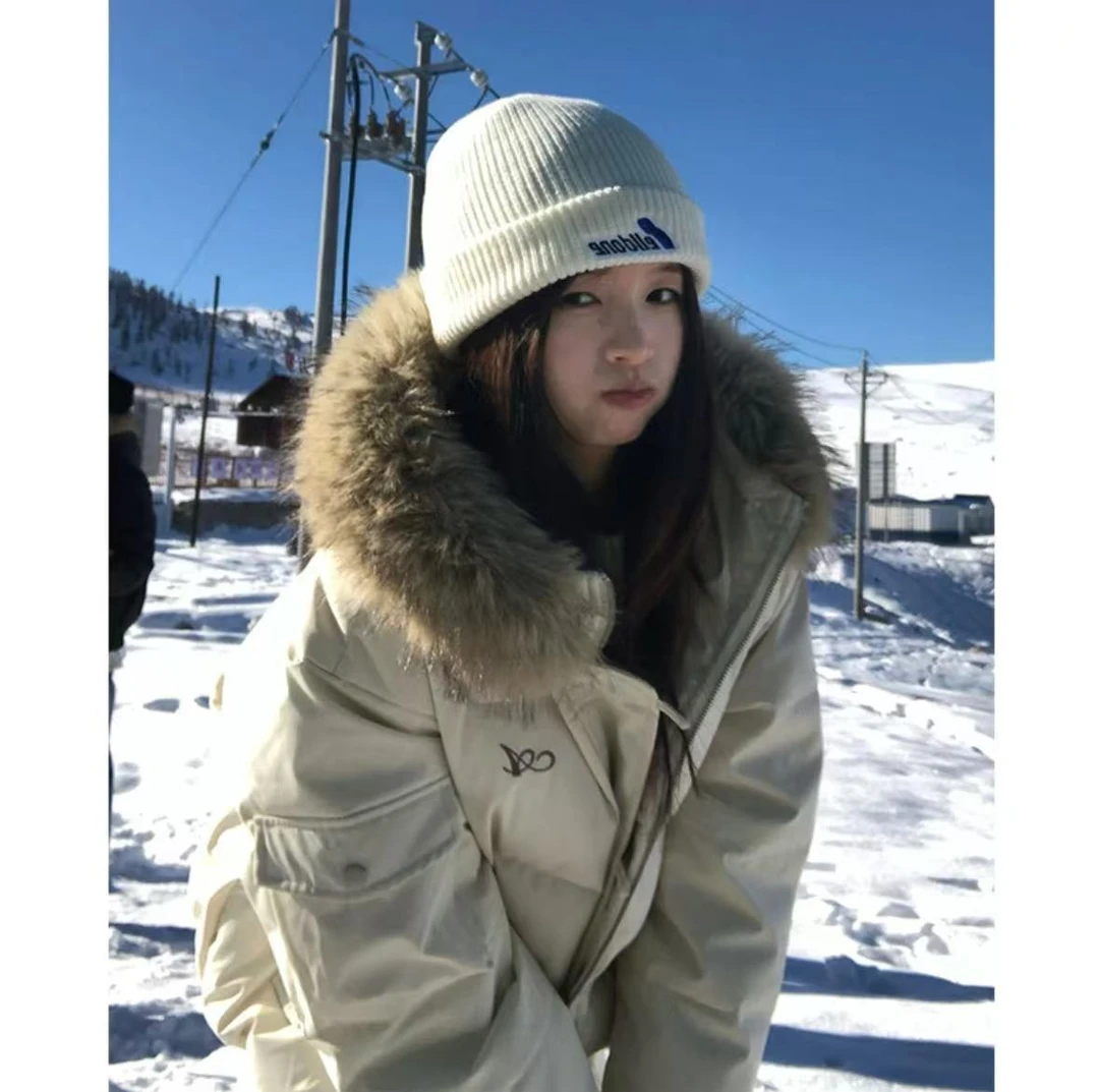 美式复古90白鸭绒毛领连帽羽绒服男女冬季防寒保暖短外套百搭情侣