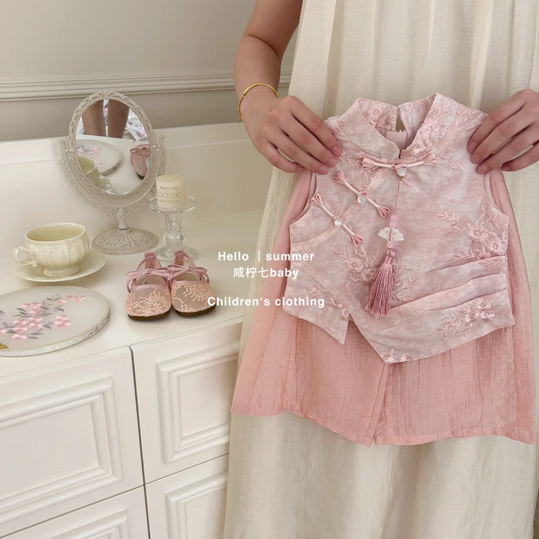 现【咸柠七】出水芙蓉！原创女童夏季套装儿童新中式刺绣马甲阔腿裤