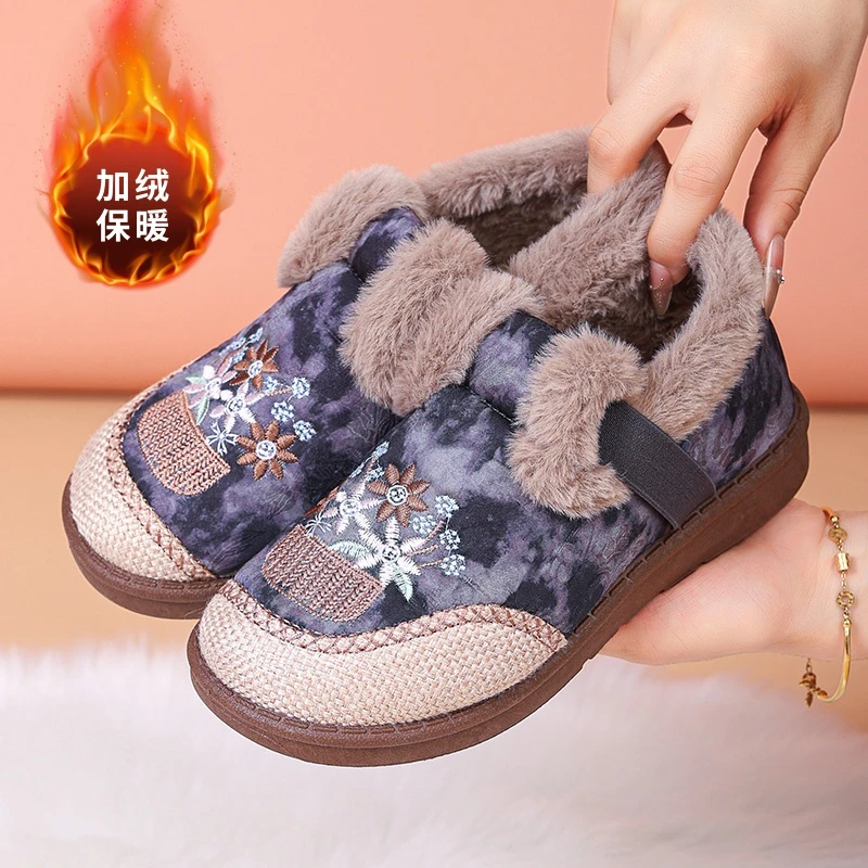 绵羊毛冬季老北京布鞋棉鞋女加绒加厚保暖妈妈鞋一脚蹬厚底绣花鞋