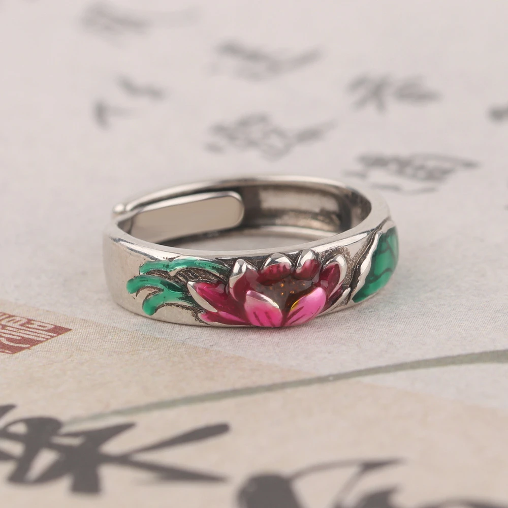 复古心经荷花戒指女轻奢高级感珐琅彩花朵食指戒精致饰品小众百搭