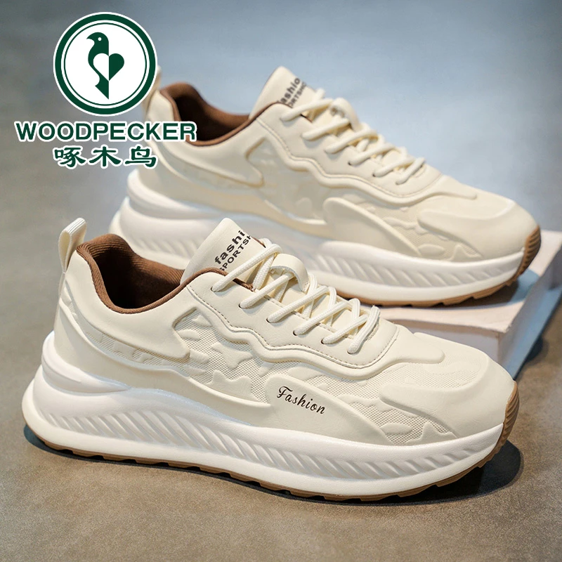 【啄木鸟正品】男鞋秋季2025新款增高百搭休闲运动跑步皮面老爹潮鞋