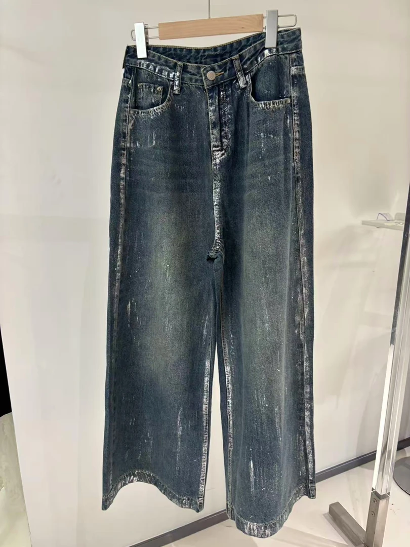 设计感复古刷漆设计感直筒显瘦高腰牛仔阔腿裤