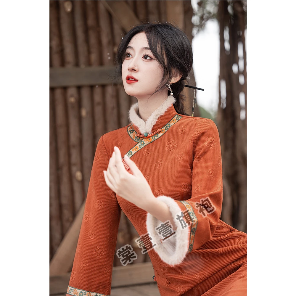 旗袍秋冬季加绒加厚新中式改良连衣裙拜年服显瘦高级感日常中国风