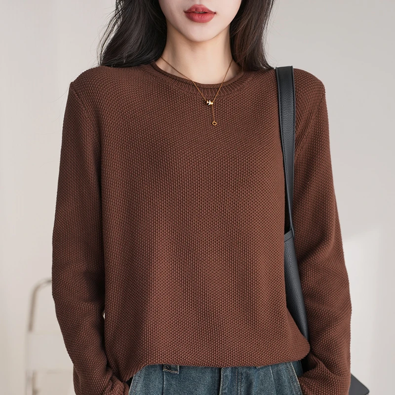 春秋100%纯棉针织衫女圆领卷边肌理感打底宽松时尚百搭上衣BM880