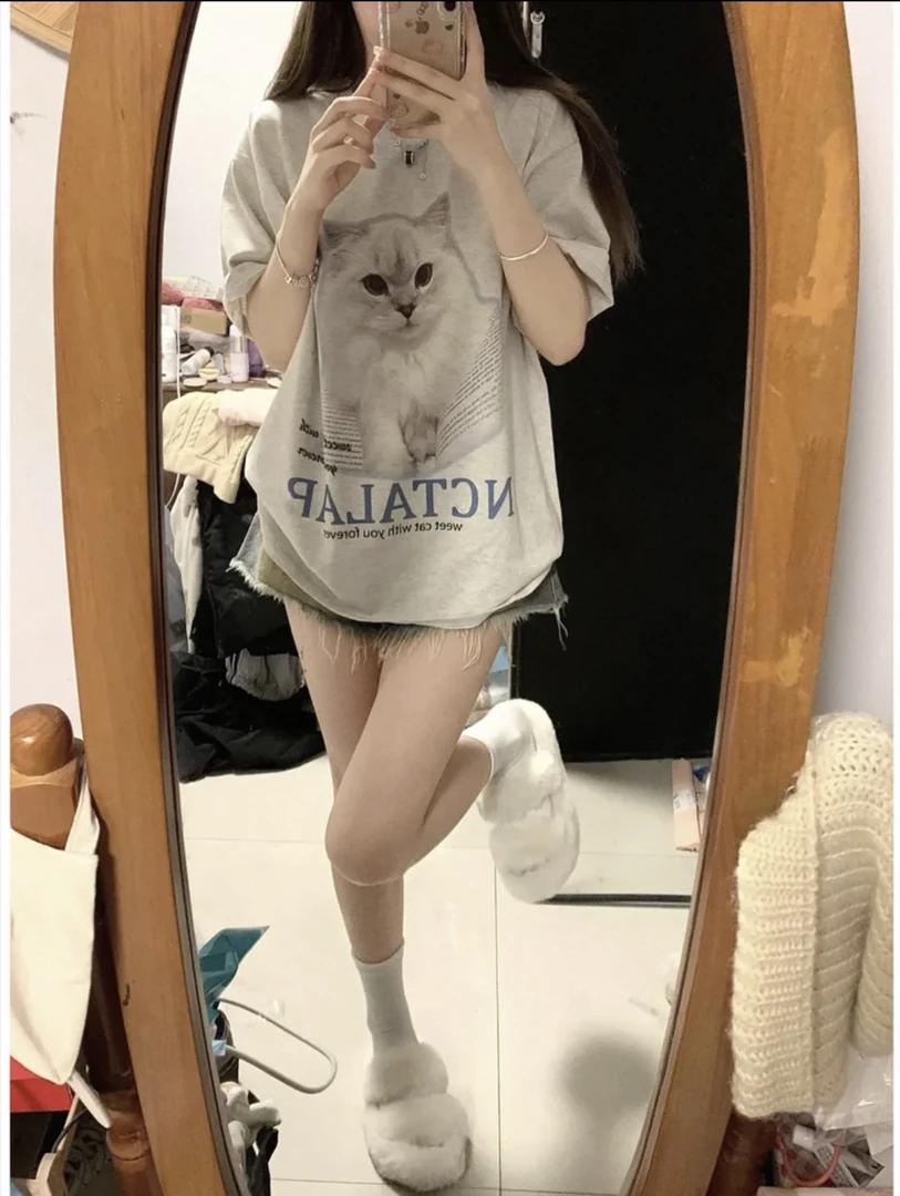 纯棉220克短袖猫咪印花男女同款t恤复古百搭圆领半袖休闲上衣潮