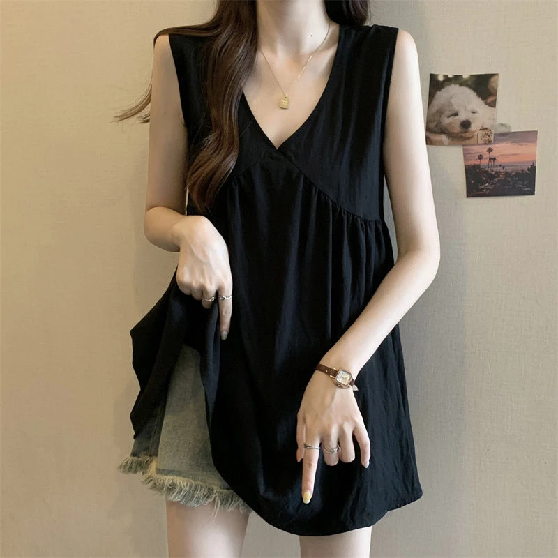 夏季简约黑色中长款无袖吊带背心宽松显瘦通勤娃娃上睡衣
