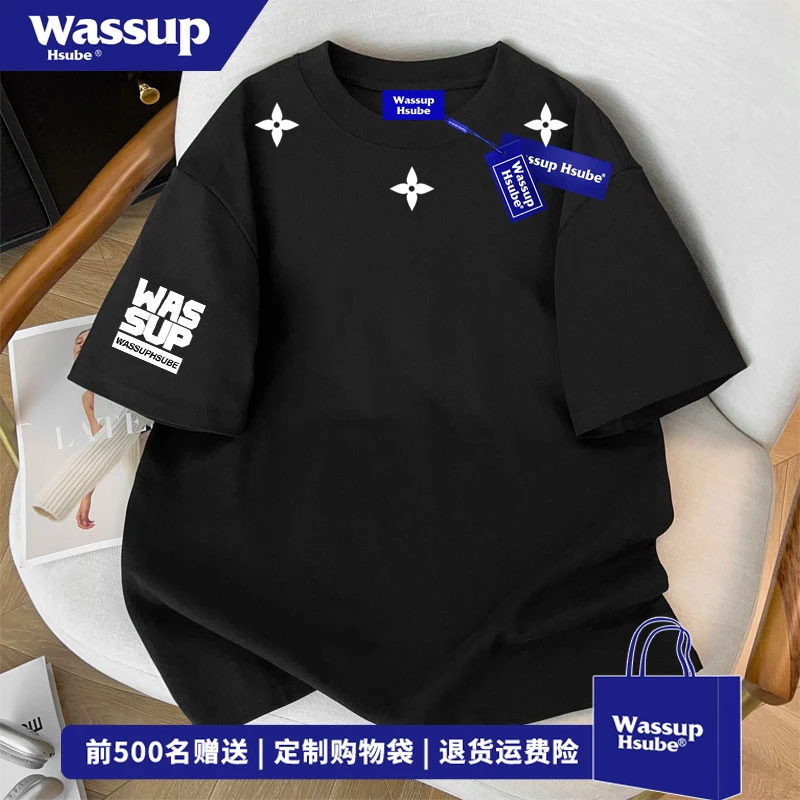 WASSUP HSUBE 美式字母印花纯棉短袖T恤夏季男女宽松百搭黑色上衣