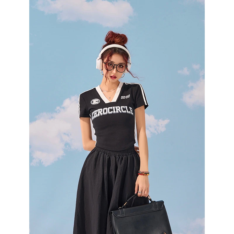 野生zerocircle球衣风t恤女夏正肩短袖复古美式辣妹印花短款上衣