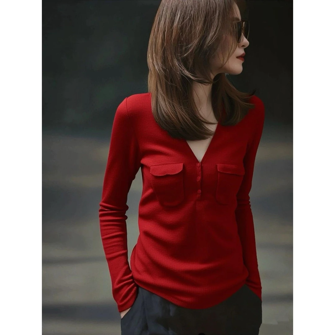 SS2744复古红翻领正肩长袖针织衫女秋季修身显瘦打底衫内搭洋气