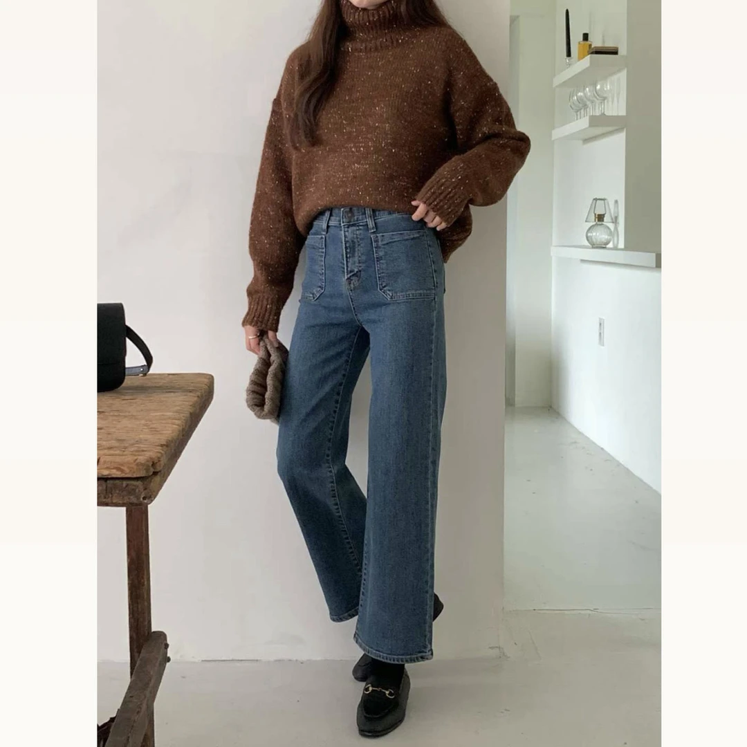 【月花洞】SF月花洞韩国#883加绒显瘦阔腿微喇牛仔裤百搭女款 S94cm