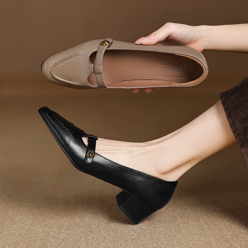 4cm头层羊皮圆头粗跟单鞋女软底浅口粗跟山茶花玛丽珍中跟四季鞋