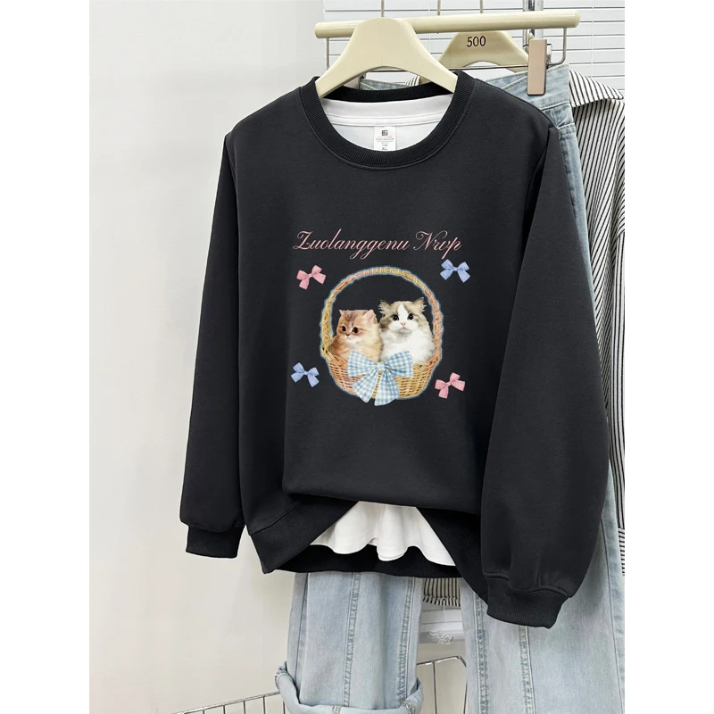 可爱猫咪印花无帽正肩卫衣女2025秋冬款韩系时尚大码显瘦圆领上衣