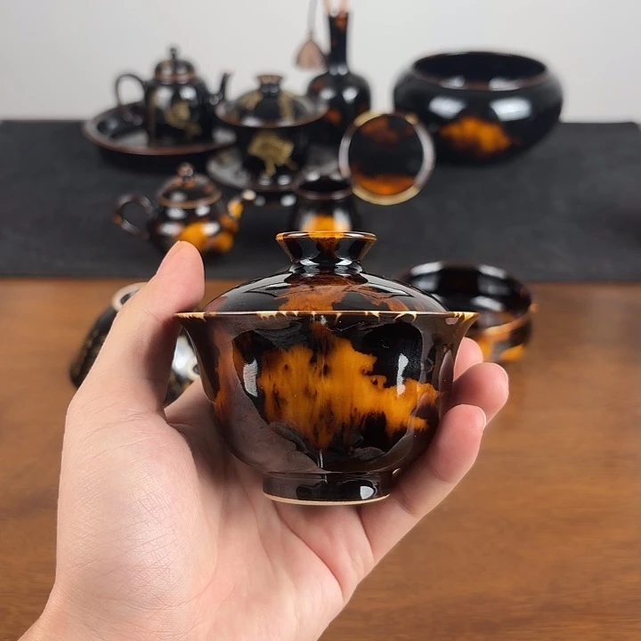 玳瑁釉二才元宝盖碗