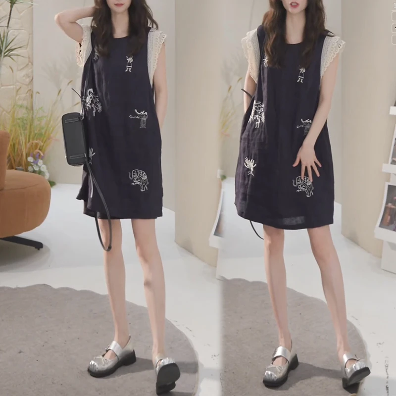 时尚印花拼接小飞袖连衣裙女款2025年夏季新款小众百搭设计感裙子