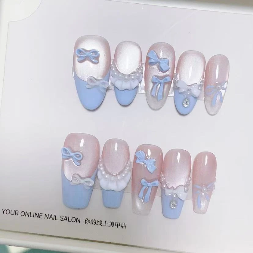 【蓝泡泡】时尚清新纯欲高级感成品手工穿戴式美甲显白百搭