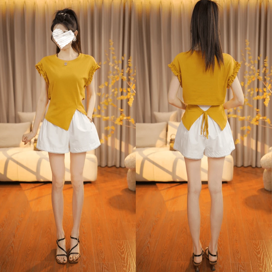 大码胖MM后背系带开叉不规则短袖T恤女夏季2025新款设计感上衣