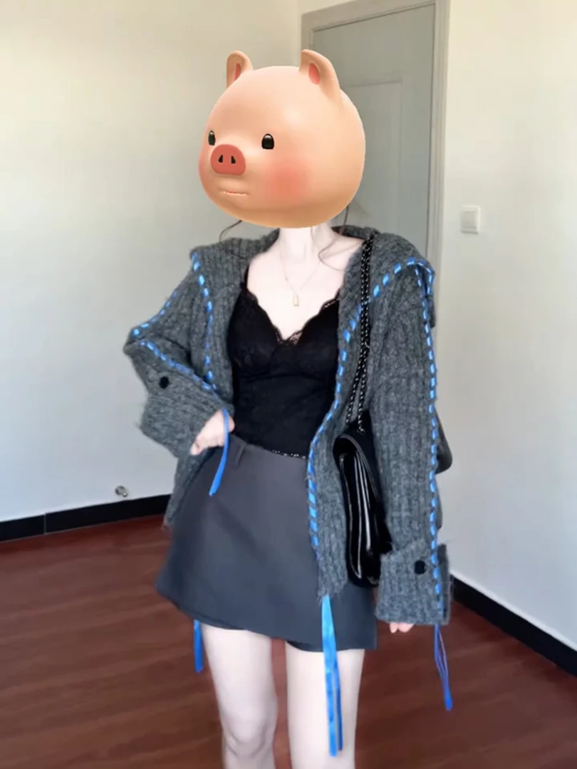 法式复古软糯慵懒风宽松针织衫别致绝美灰色海军领毛衣外套女秋季