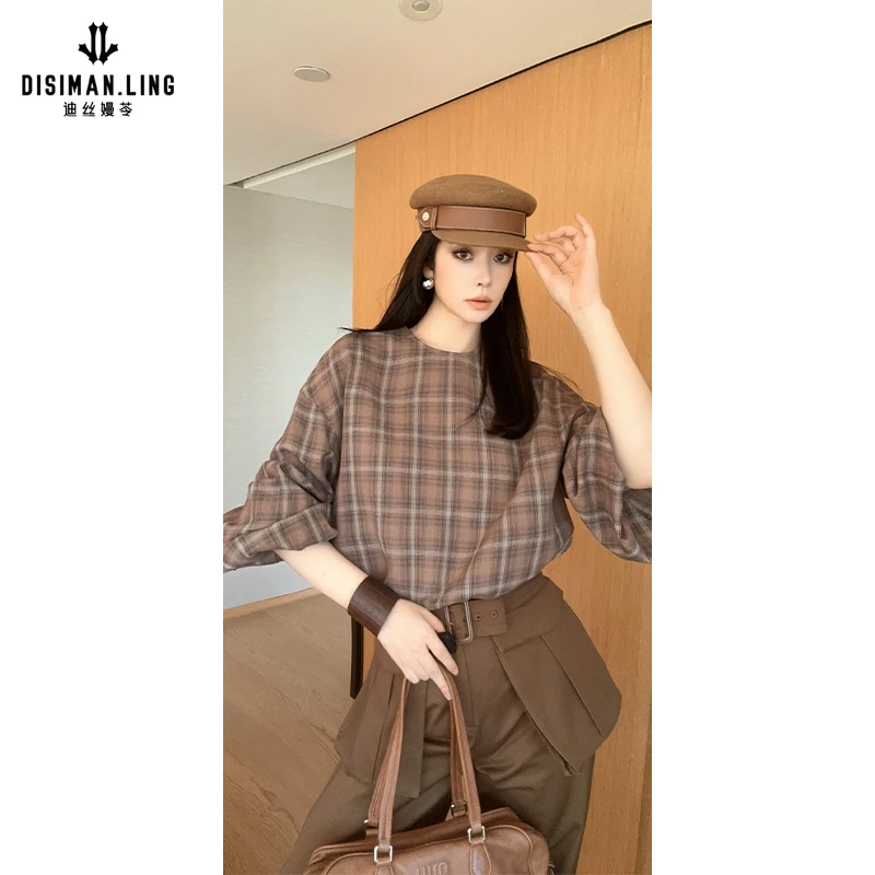 【迪丝嫚苓】显瘦上衣咖色长袖时尚秋冬女士圆领格纹原创百搭款优雅