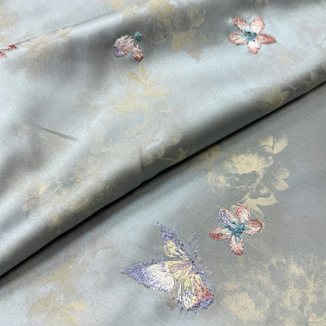 雾蓝 蝴蝶百子莲 国风提花绣花新中式服装面料