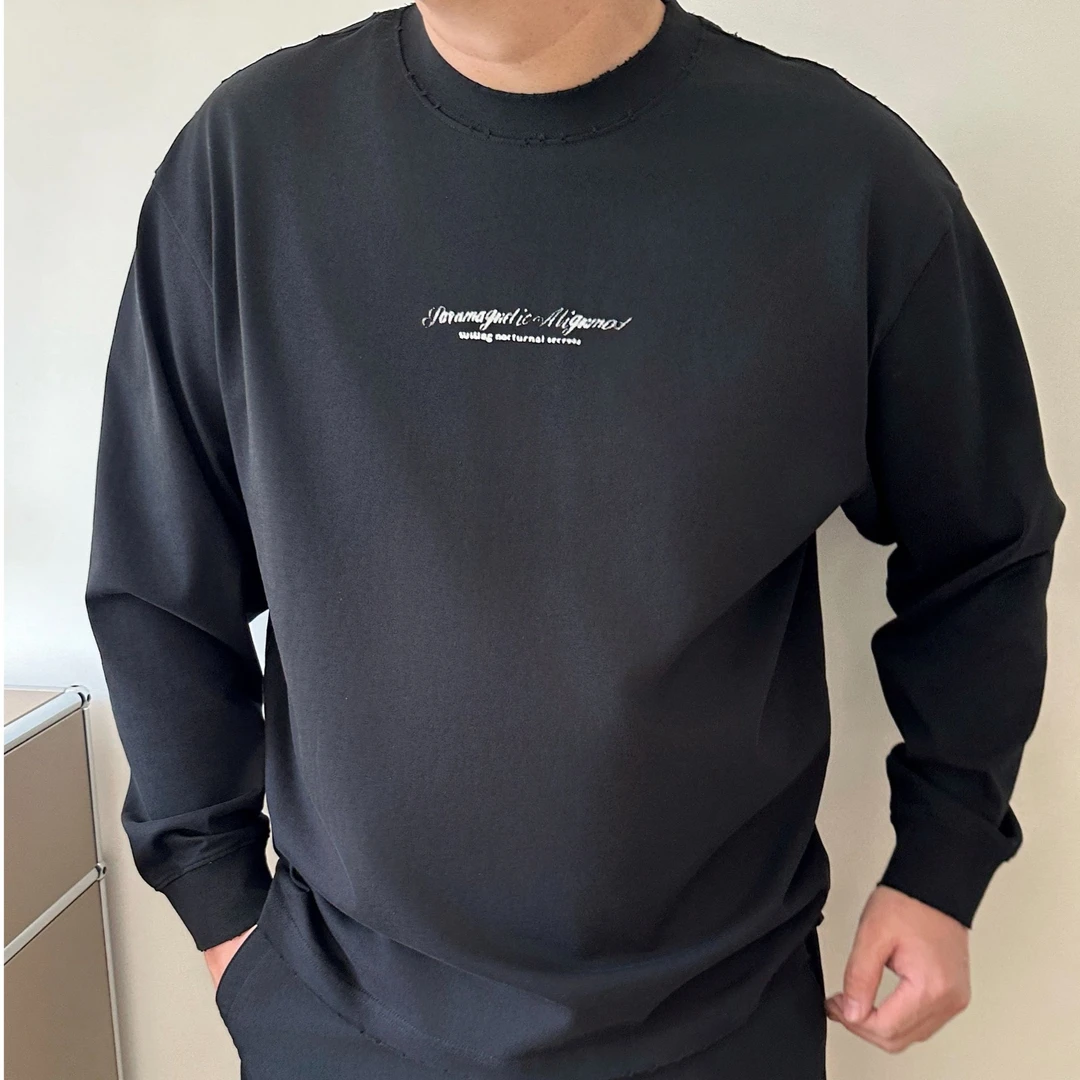 DAEVU大码男装春秋重磅廓版洗水磨破潮款加肥加大男款圆领长袖T恤