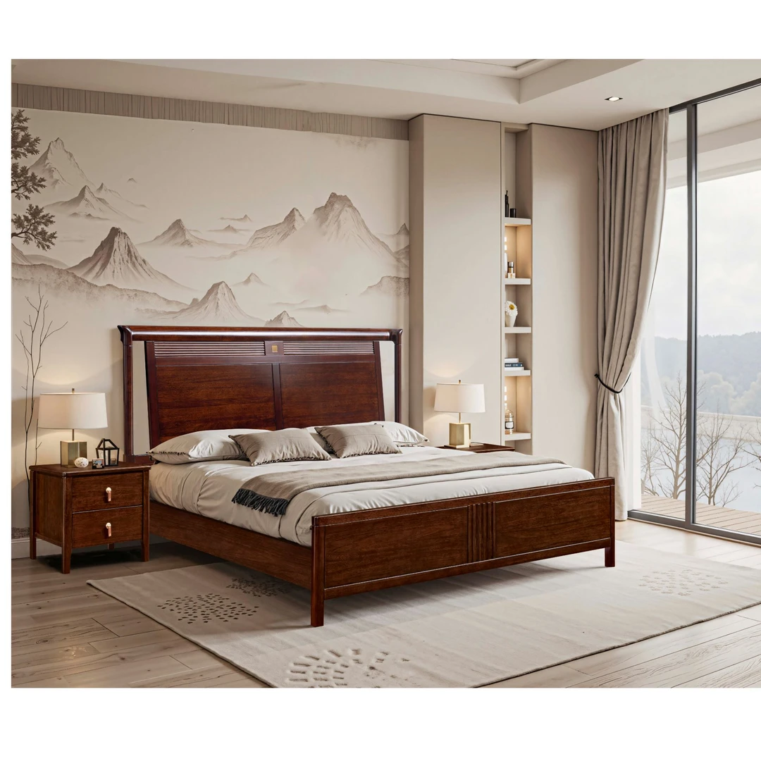 【新中式】富贵主卧大床乌金木婚床新中式简约时尚硬靠实木大床