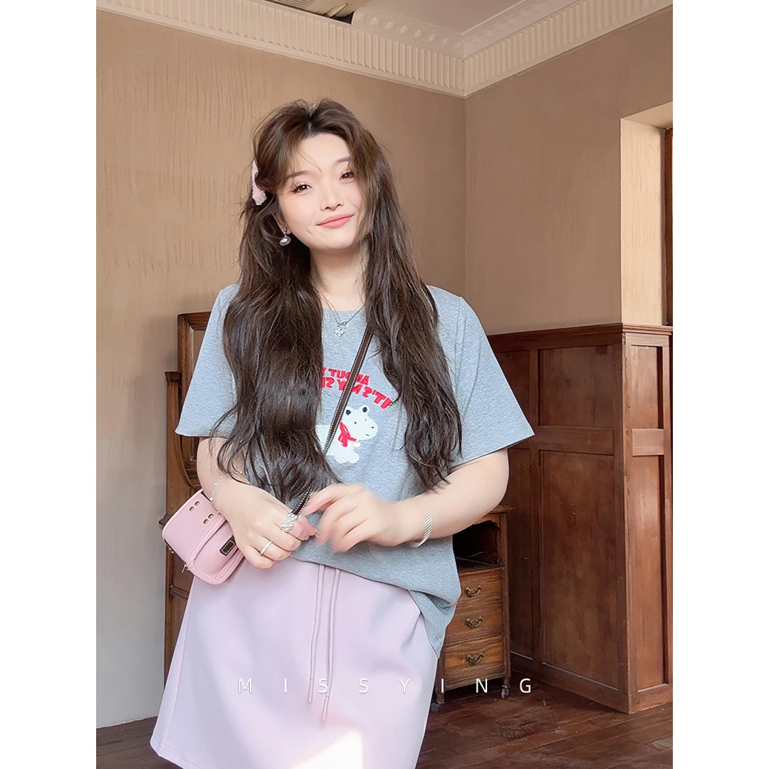 应小姐【慵懒T】微胖大码韩系时尚宽松休闲简约图案圆领打底短袖T恤