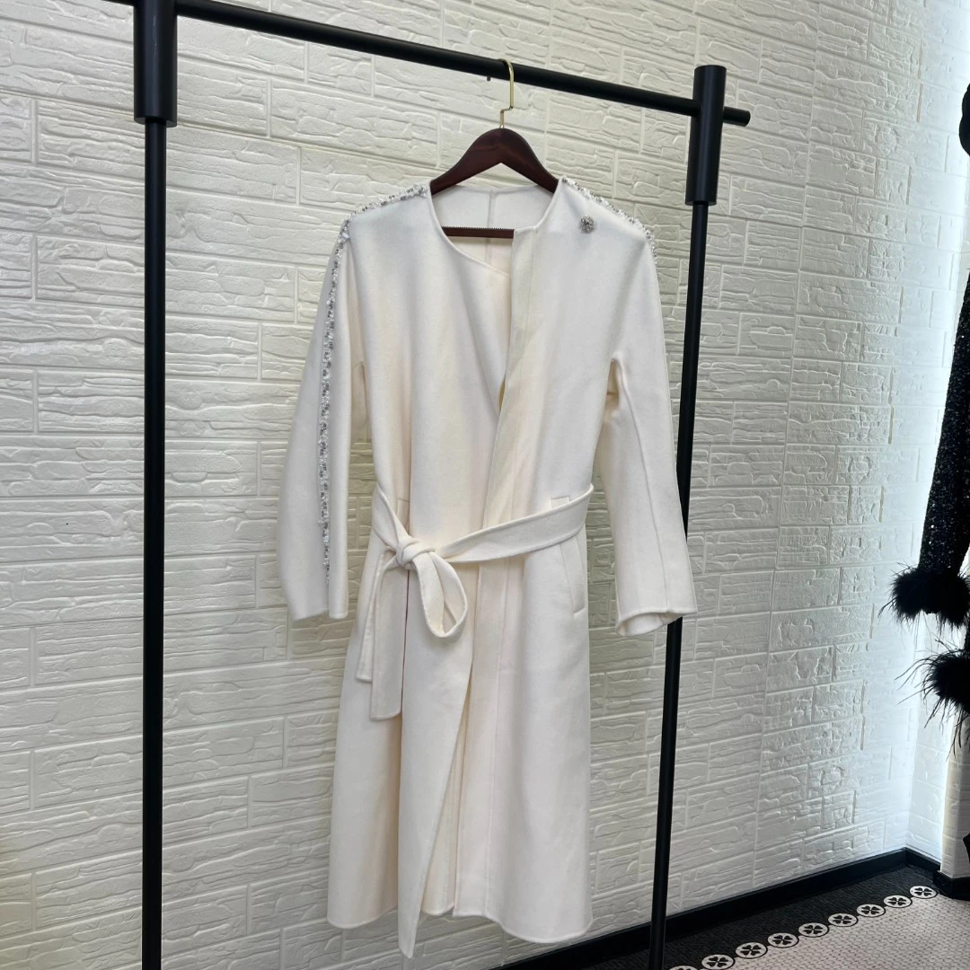 2025秋冬香风翻领拼接冬季毛呢外套长款