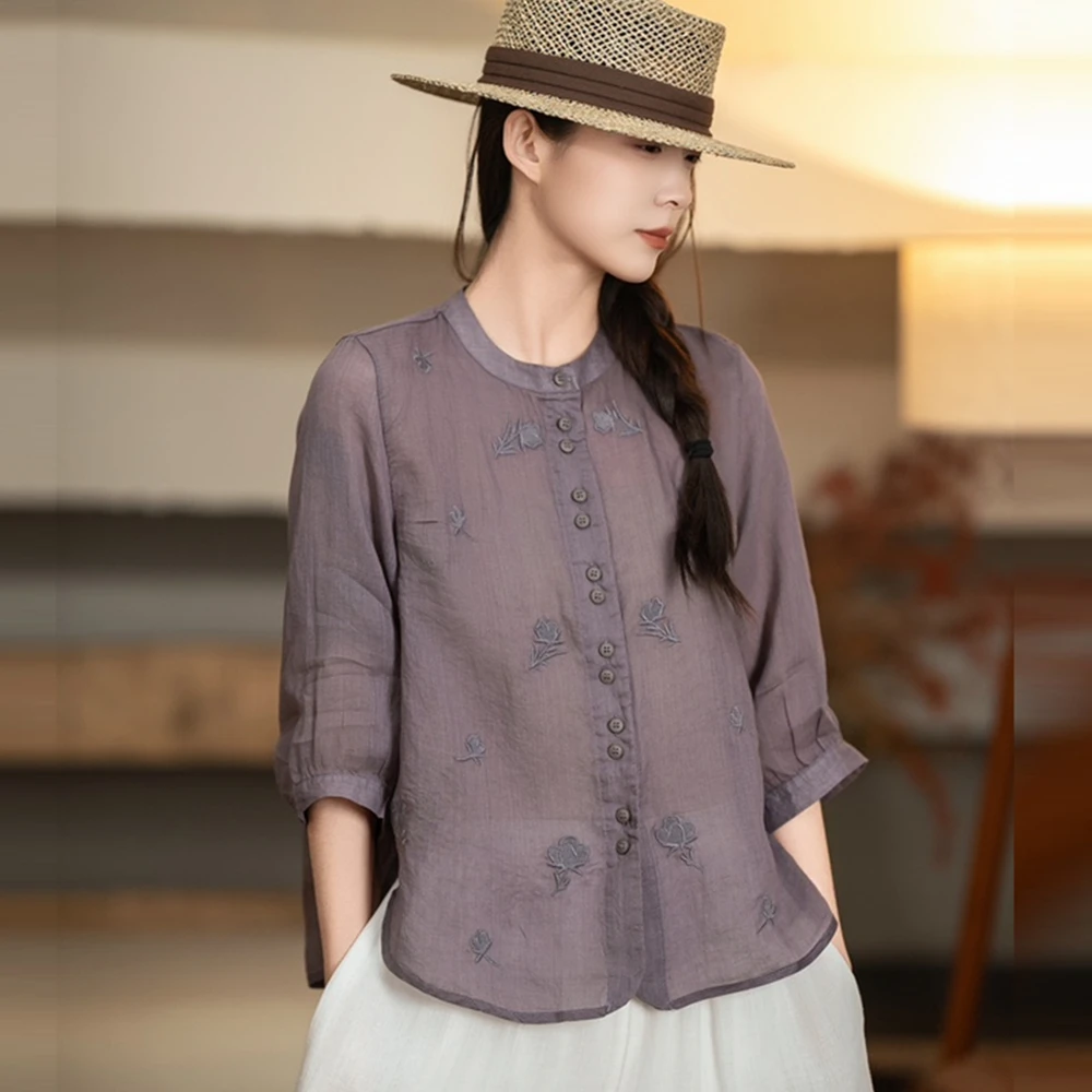 8939苎麻衬衫女2025春夏新款刺绣百搭显瘦上衣时尚圆领小衫女