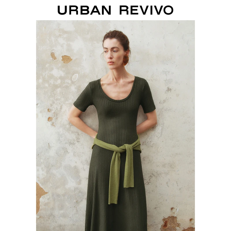 UR2025春季新款女装休闲简约通勤U领短袖修身连衣裙UWM750008