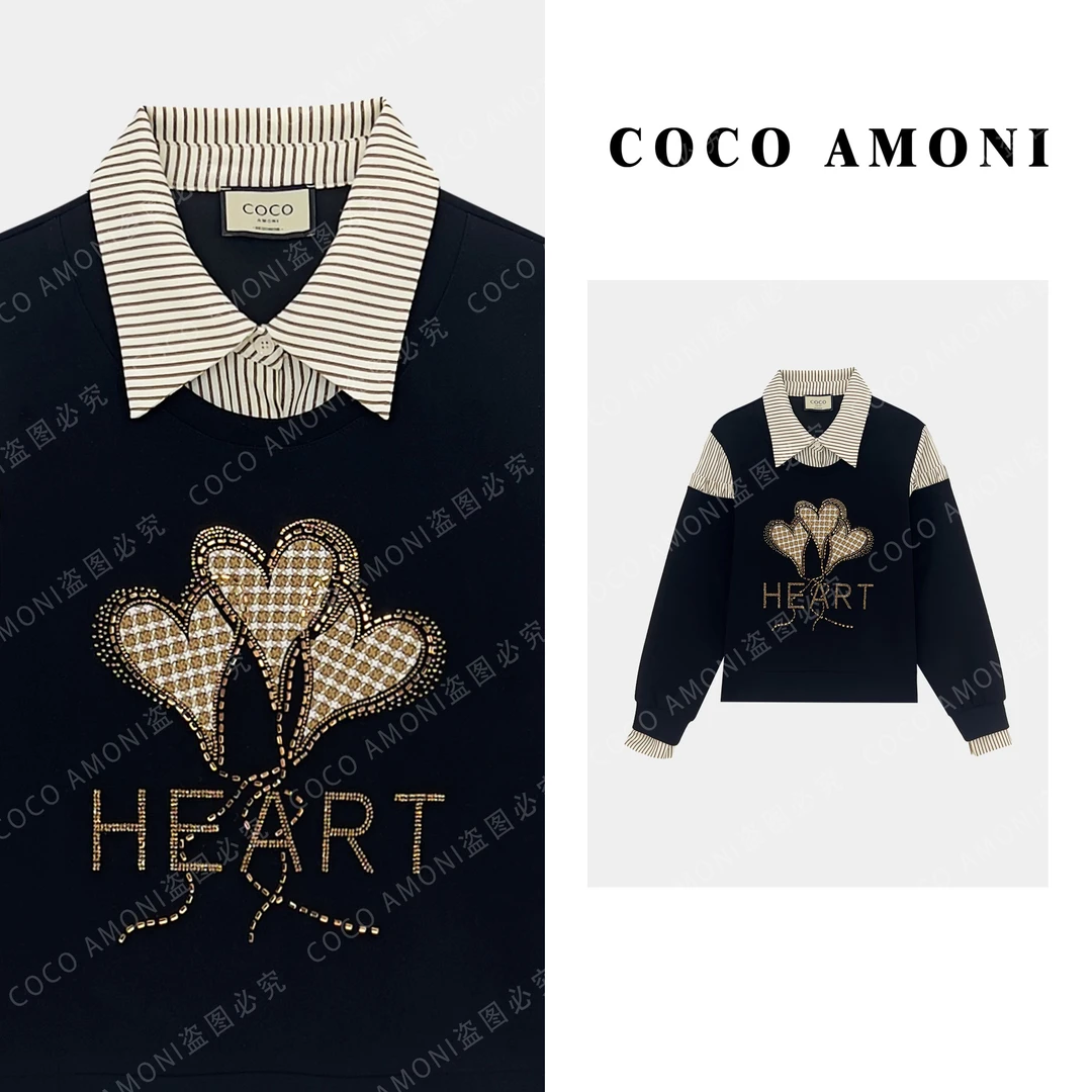 [曼姐]时尚设计感假两件拼接烫钻爱心显瘦气质百搭长袖卫衣AD144