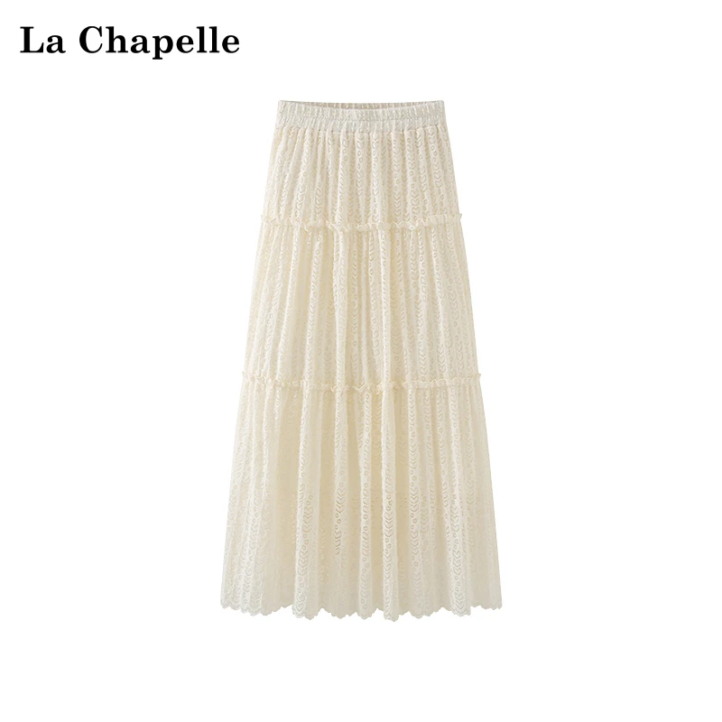 拉夏贝尔法式温柔甜美气质显瘦松紧拼接镂空半身裙女高级感中长裙