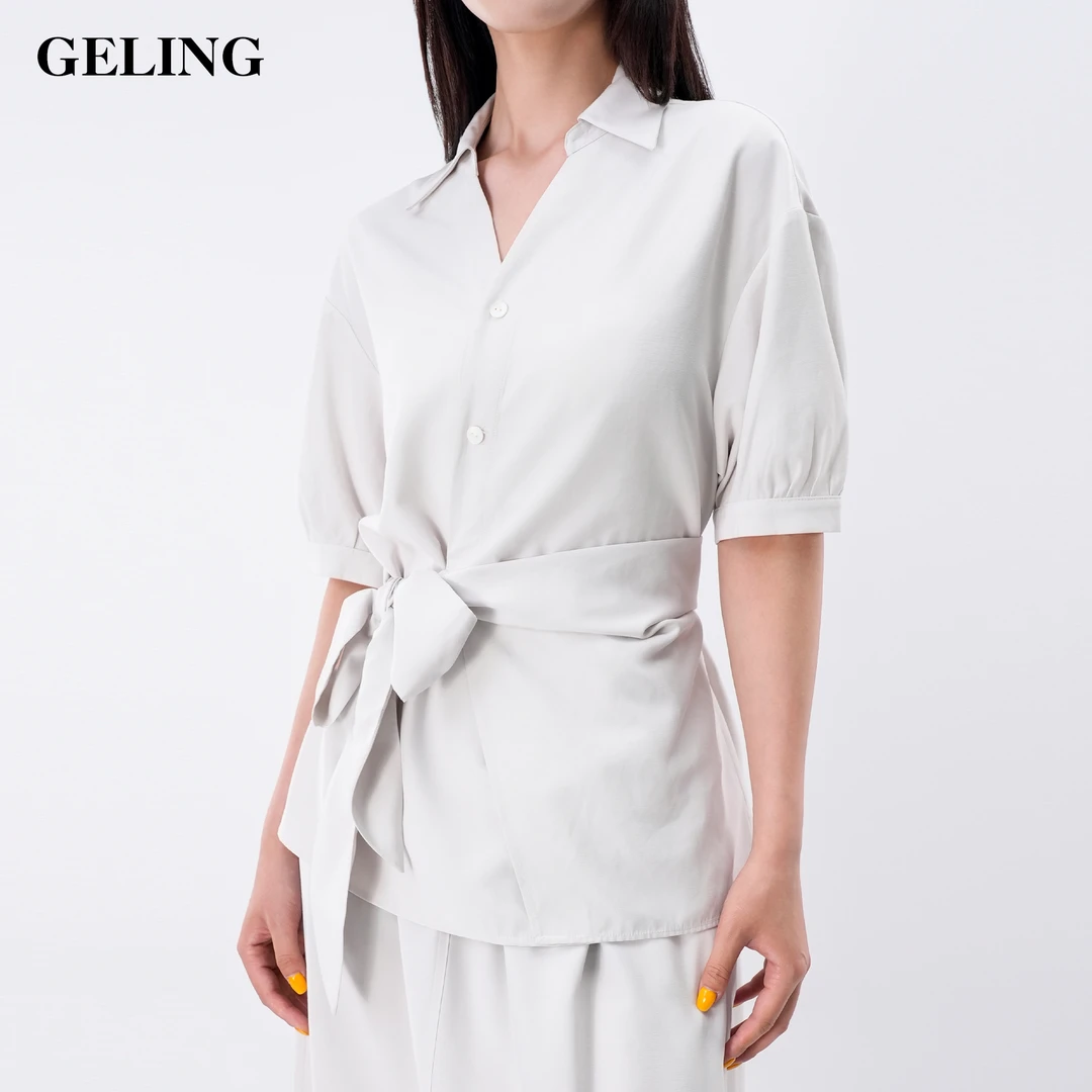 GELING/歌&玲短袖收腰显瘦亚麻衬衫V领通勤女装轻职风G504W335C