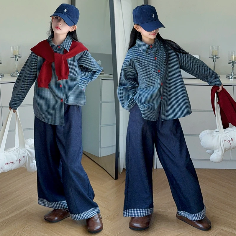 女童套装秋装2025新款儿童洋气披肩格子衬衫牛仔裤春秋韩系两件套