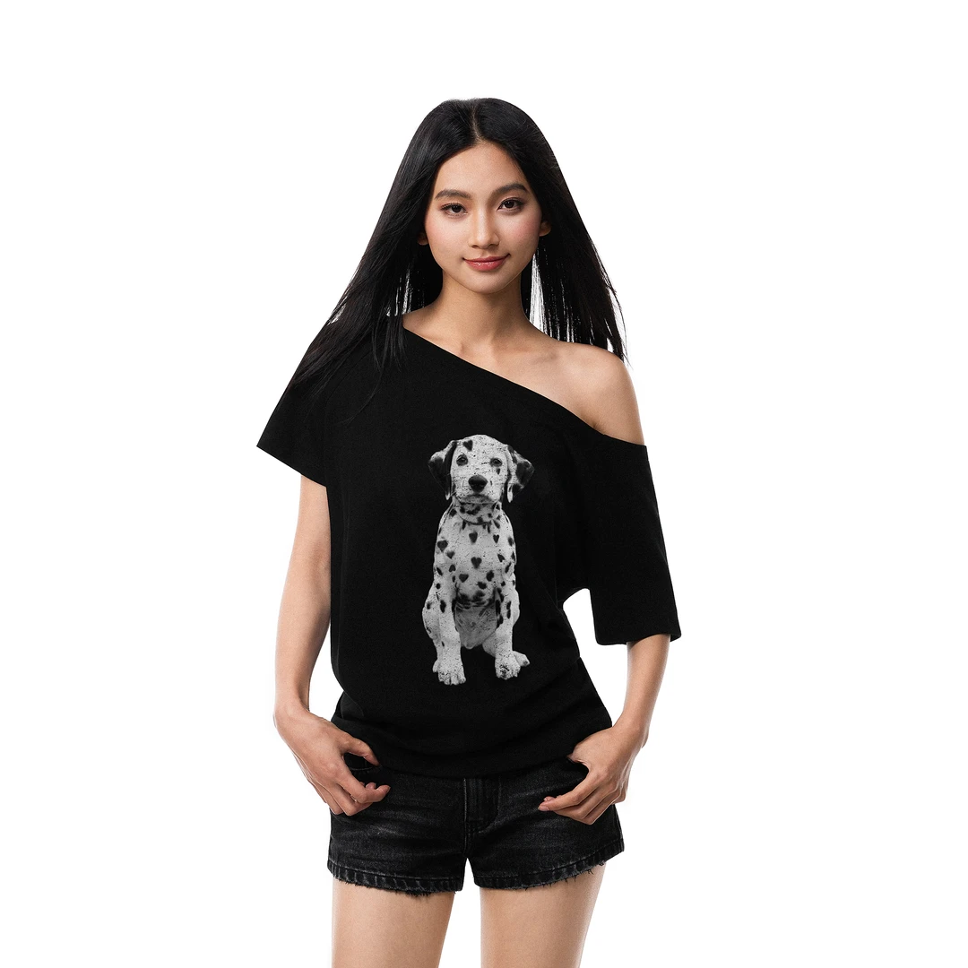 FDR官方店 爱心斑点小狗辣妹斜肩短袖t恤女夏季美式露肩修身上衣