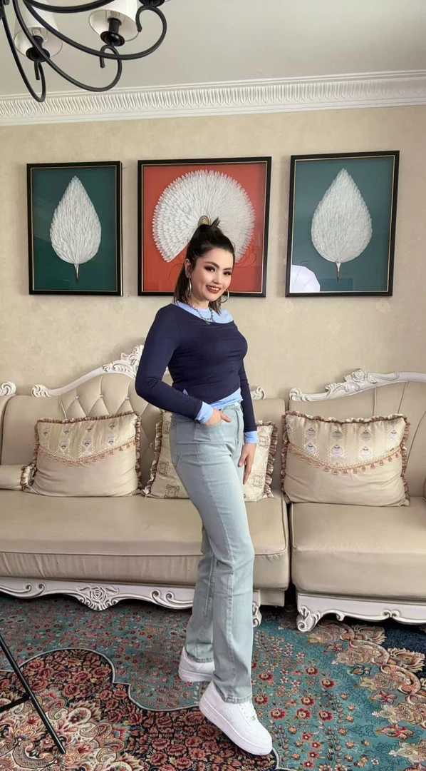 5866牛仔裤直筒裤冬季高腰裤子水洗长裤设计师宽松女士