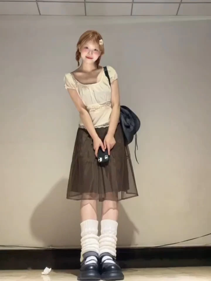 韩系甜美咖色网纱半身裙女2025夏季新款高腰显瘦时尚百搭a字中裙